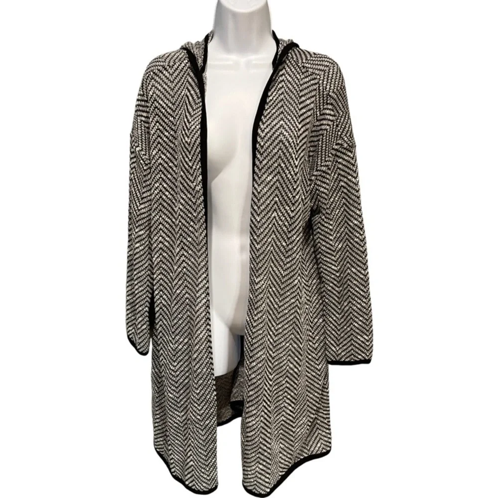 Anthropologie Maeve Bedford Black Herringbone Hooded Cardigan Sweater Size Small - Picture 2 of 11
